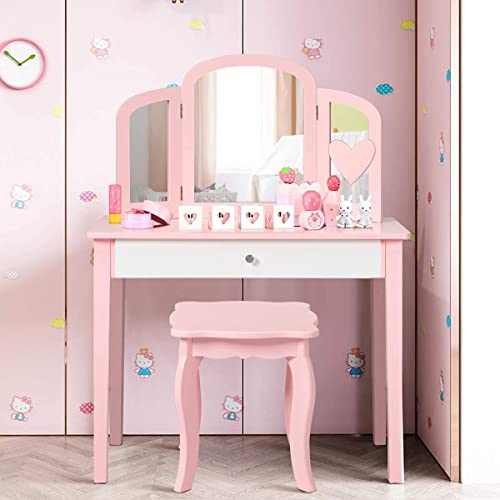 HONEY JOY Kids Vanity Set with Mirror, Toddler Beauty Makeup Dressing Table with Stool & Drawer, Tri-Folding Mirror, Detachable Top, Wooden Little Princess Pretend Play Vanity Set for Girls (Pink)