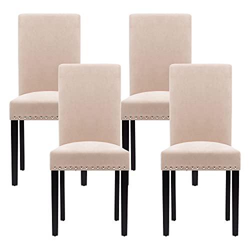 thksbought Set of 4 Dining Chairs Fabric Cushion Pine Chair Legs with Nail Head Decoration(Beige)