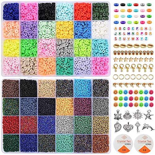 22600pcs Beads for Jewelry Making Kit Include 3600pcs Heishi Flat Polymer Clay Beads & 18000pcs Glass Seed Beads DIY Craft Kit with Smiley Face Letter Beads Elastic Strings