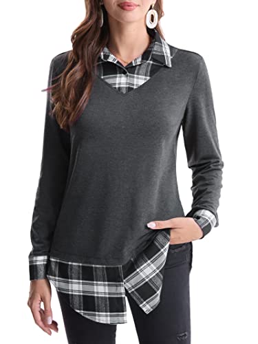 DJT FASHION Women’s 2-in-1 Plaid Checker Pullover Sweatshirt T-Shirt Tops L Grey