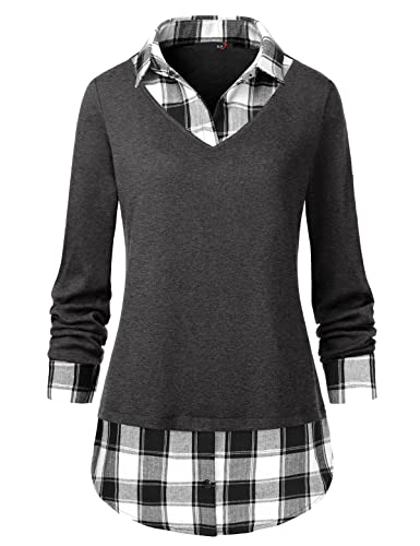 DJT FASHION Women’s 2-in-1 Plaid Checker Pullover Sweatshirt T-Shirt Tops L Grey | The Storepaperoomates Retail Market - Fast Affordable Shopping