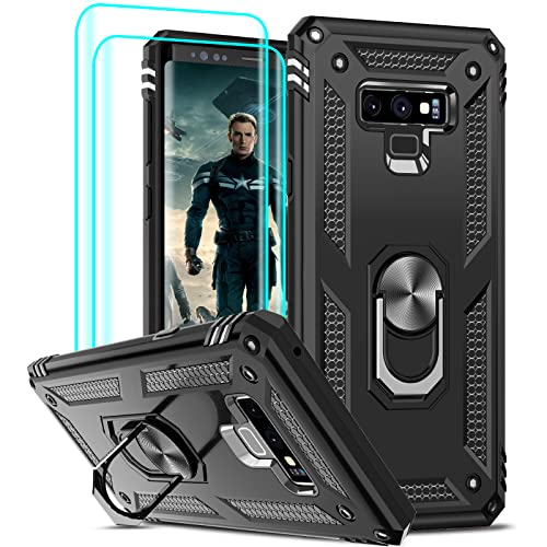 LeYi for Note 9 Case, Samsung Galaxy Note 9 Case with [2 Pack] 3D Curved Screen Protector, [Military-Grade] Shockproof Protective Phone Case Cover with Ring Holder Kickstand for Galaxy Note 9, Black