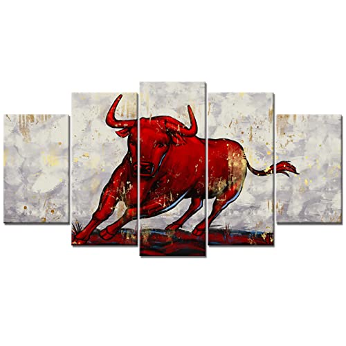 RyounoArt 5 Piece Fighting Bull Canvas Wall Art Red Bull Painting Pictures Cool Animal Print Artwork for Modern Home Living Room Cowboy Men Room Decor Ready to Hang