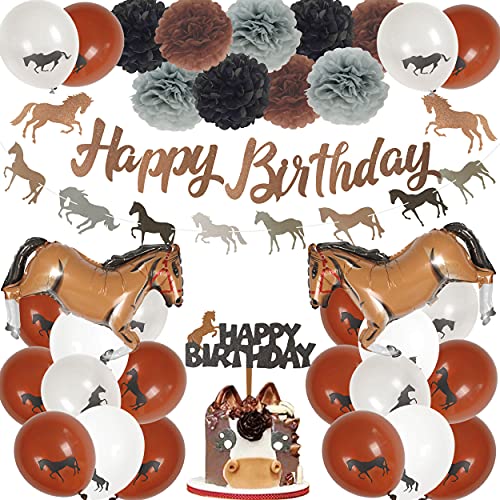Horse Theme Birthday Party Decorations Kits with Felt Horse Garland Banner, Horse Racing Happy Birthday Banner,Brown White Latex Horse Balloons for Kid Western Cowboy Pony Birthday Party Decoration