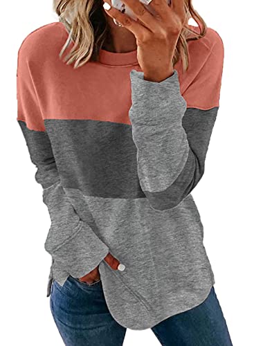 Acelitt Women’s Ladies Long Sleeve Crewneck Casual Loose Lightweight Soft Cozy Color Block T-Shirts Sweatshirts Clothing Pullover Tops Blouse Gray Large
