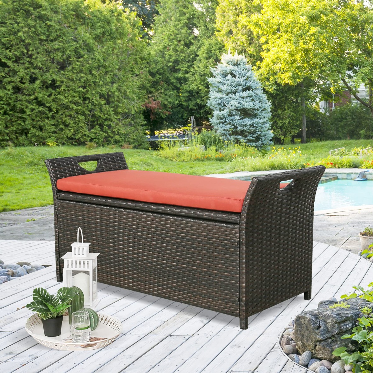 Patio Wicker Storage Bench Outdoor Rattan Deck Storage Box with Cushion (Terracotta) | The Storepaperoomates Retail Market - Fast Affordable Shopping