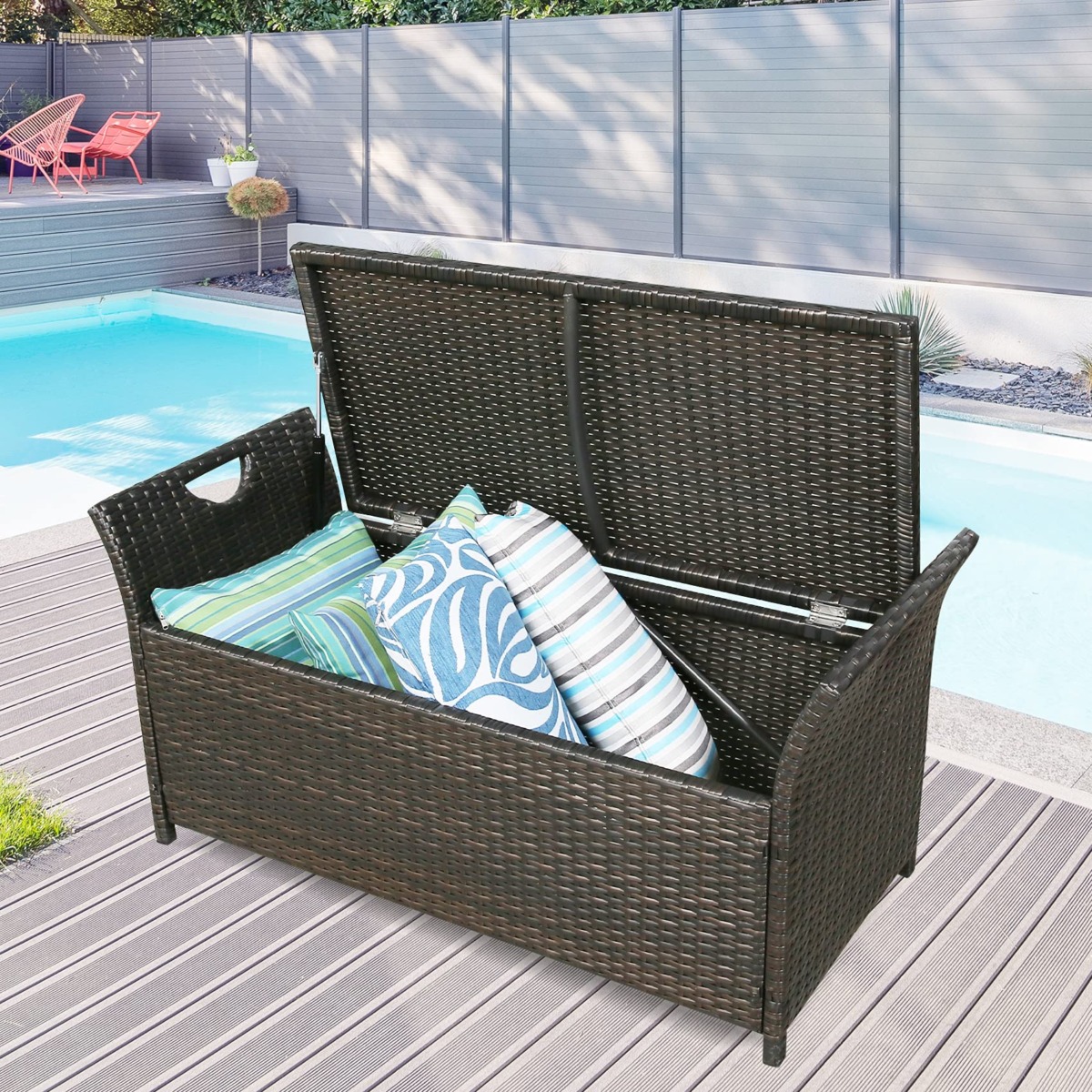 Patio Wicker Storage Bench Outdoor Rattan Deck Storage Box with Cushion (Terracotta) | The Storepaperoomates Retail Market - Fast Affordable Shopping