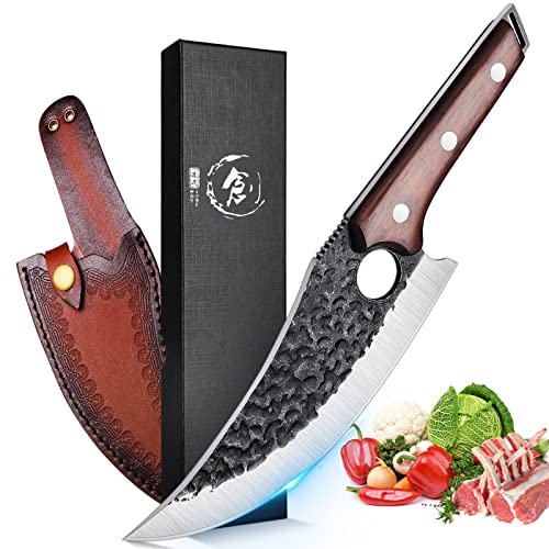 Huusk Knife Forged Viking Knives Sharp Boning knife, Handmade Caveman Knife, High Carbon Steel Butcher Knives with Sheath, Japanese Chef Knife for Kitchen, Camping