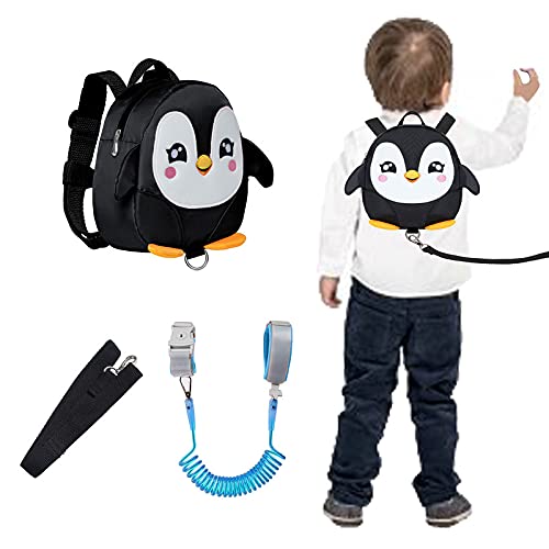 Penguin Toddler Kids Leash Backpack with Anti Lost Wrist Leash Link Wristlets (Penguin Black)