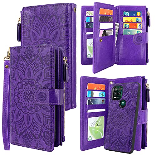 Harryshell Detachable Magnetic Zipper Wallet Leather Case with Cash Coin Pocket 12 Card Slots Holder Wrist Strap Lanyard for Motorola Moto G Stylus 5G (2021) Flower (Purple)