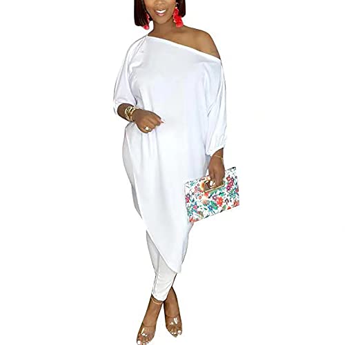 MESLIMA Women’s Casual Oversized Two Piece Outfits Half Sleeve Irregular Hem Tops Skinny Long Pant Set Tracksuit White L