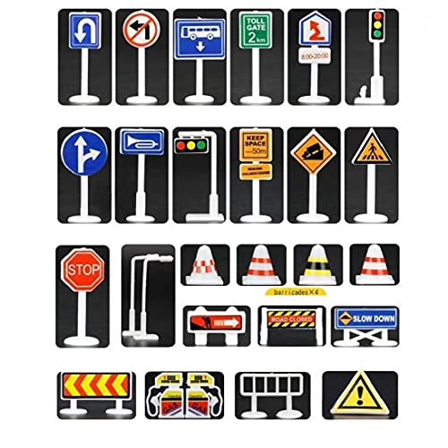 Ruluti 28 Pcs Plastic Street Signs for Train Sets Traffic Light and Crosswalk Kids Plastic Street Signs Playset