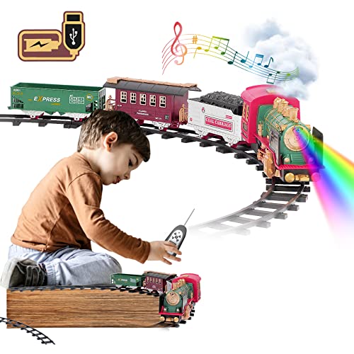 Train Set, Updated Chargeable Remote Control Electric Train Toy for Boys Girls w/ Smokes, Lights & Sound, Railway Kits w/ Steam Locomotive Engine, Cargo Cars & Tracks, for 3 4 5 6 7 8+ Year Old Kids