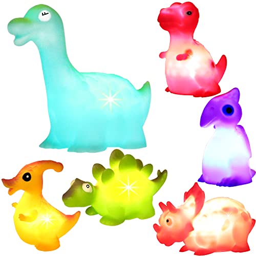VEYLIN 6Pcs Floating Light-Up Dinosaur Bath Toys, Glowing Rubber Dinosaurs Bathroom Toys for Toddlers