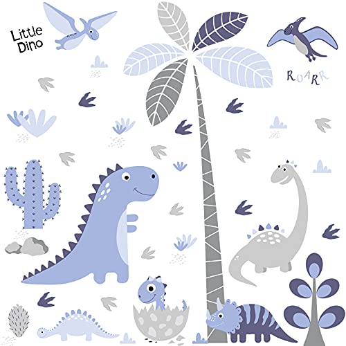 2 Sheets Dinosaur Wall Decals Dinosaur and Tree Wall Decals Blue Gray Dinosaur Wall Stickers Nursery Dino Wall Appliques for Kids Bedroom Living Room Nursery