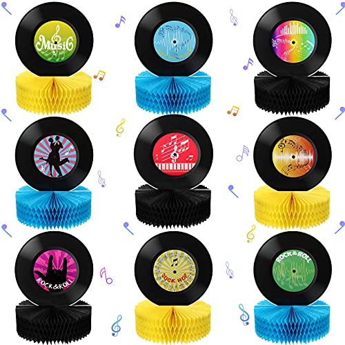 9 Pieces Record Honeycomb Centerpieces 90s 70s 50s Themed Music Party Decorations 3D Record Retro Table Decor Rock and Roll Vinyl Record Decor for Party Supplies