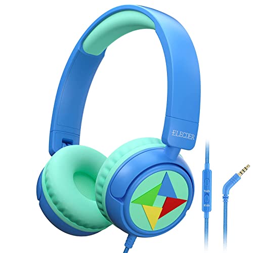 ELECDER i43 Kids Headphones with Microphone 85dB 94dB Volume Limited 3.5mm Jack Foldable Adjustable Wired On Ear Headphones for Children Girls Boys Teens Cellphones PC Kindle School Tablet Blue/Green