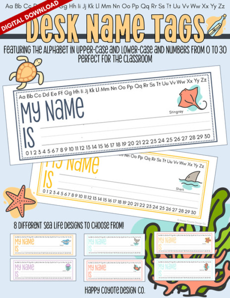 Desk Name Tags | Back to School | Sea Life 2 Edition | Uppercase & Lowercase Alphabet and Number Counting 0-30 | Digital Download