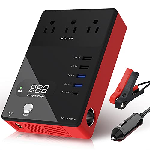 LEYEE Power Inverter for car,DC 12v to AC 110v ,200W Power Outlet Adapter with 18W PD Type-C and Dual QC 3.0 Fast Charging Port, 4.2A Dual USB Ports, 3 AC Outlets and 1 Cigarette Lighter Socket