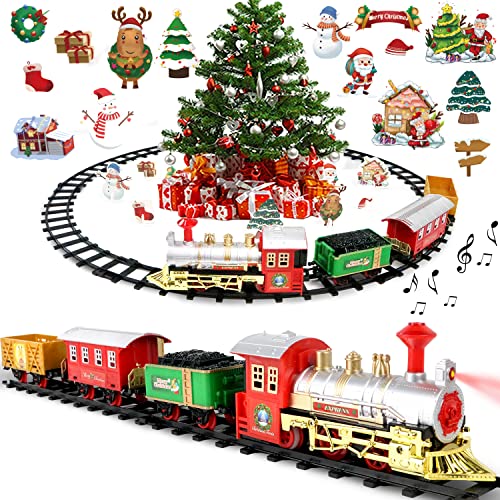 Christmas Train, Christmas Train Sets for Under/Around The Tree, Christmas Tree Train with Lights and Sound + 15 Decoration Cards, Christmas Decoration Decor, Xmas Gifts for Kids