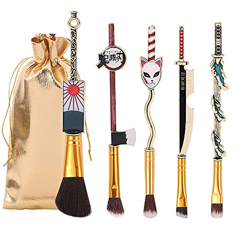 Anime Demon Slayer Makeup Brush Set – 5pcs Cosmetic Anime Peripheral Demon Slayer Kimetsu no Yaiba Cosplay Gift Makeup Brush Set for Women