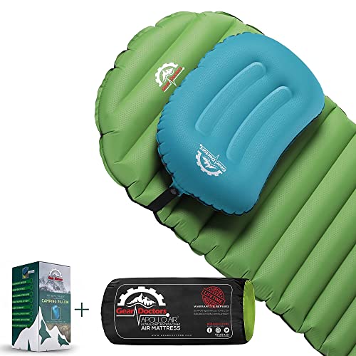 Gear Doctors Ultralight 17oz Apollo-Air Sleeping pad + Teal Anti Slip Camping Pillow Duo, 5.2 R-Value 4 Season Air Mattress with Ergonomic Ultralight Pillow The Size of A Soda Can