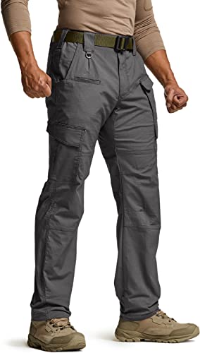 CQR Men’s Flex Ripstop Tactical Pants, Water Resistant Stretch Cargo Pants, Lightweight EDC Hiking Work Pants, Charcoal – Dura Flex, 34W x 32L
