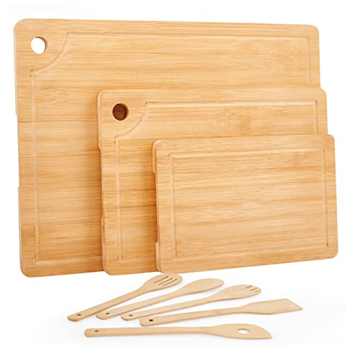 Bamboo Cutting Board Set with Juice Groove (3 Pieces), Wooden Cutting Boards with Hole for Kitchen, Chopping Boards with Bamboo Utensils for Meat, Vegetables, Cheese and Fruits
