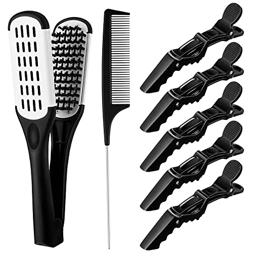 Hair Straightening Comb Boar Bristle Clamp Hair Brush Double Sided Hair Straightener Hair Splint Comb with 5 Pieces Alligator Hair Clips, Pin Rat Tail Comb for Hair Styling Curling Tools (White Comb)