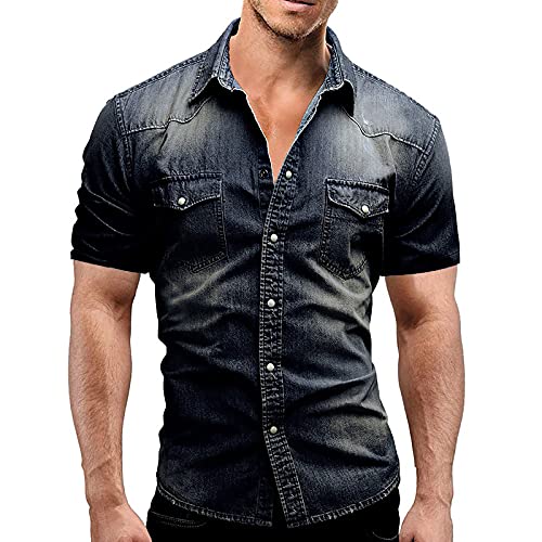 AUOYO Tops for Men Denim Button Short Sleeve with Pocket Fashion Slim Fit T-Shirts Summer Button Casual Blouse Tee, Blue, 3X