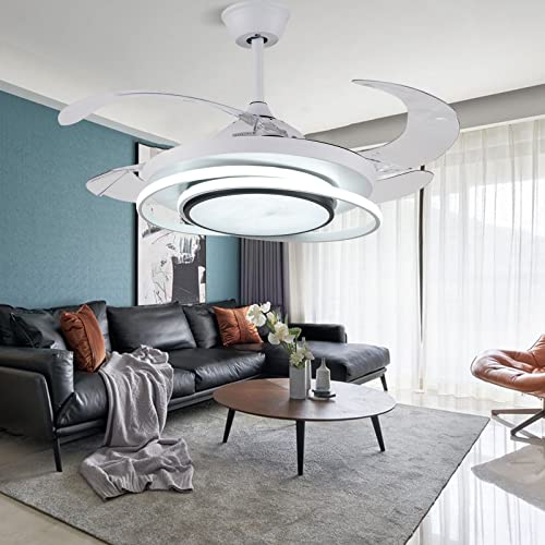 ZHFEISY 42 Inch Modern Ceiling Fan with Lights Remote Control Ceiling Fan with Retractable Blades Silent Motor for Kitchen Bedroom Living/Dinning Room (White)