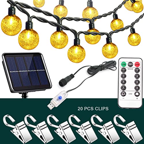 Benelet Solar Outdoor String Lights or USB Powered,Waterproof LED Globe Crystal Balls Decorative Lighting for Garden Home Party Wedding Christmas Decoration,50 LED,20 Free Curtain Clips (Warm White)
