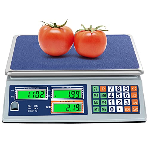 Allprettyall Digital Commercial Price Scale 66lb/30kg with Dual LCD Display Stainless Steel Platform Rechargeable Battery Electronic Price Computing Scale for Food Meat Fruit Produce