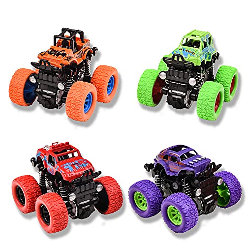 Monster Trucks for Boys, 4 Pack Pull Back Vehicles Cars for Toddlers, 360° Rotation 4 Wheels Drive Durable Friction Powered Push and Go Toys Truck Playset Gift for 3 4 5 6 7 8 Year Old Kids Girls