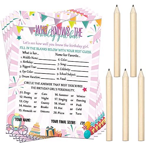 Who Knows The Birthday Girl Best, 50 Pieces Birthday Party Activity Game Card Set Girly Pink Sprinkles Themed Game Card with 20 Pieces Pre-Pointed Wood Pencils for Teen Girl Sleepover Slumber Party