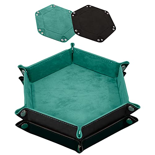 SIQUK 2 Pieces Dice Tray PU Leather Dice Trays Folding Hexagon Dice Holder Tray for Dice Games Like RPG, DND and Other Table Games (Cyan and Black)