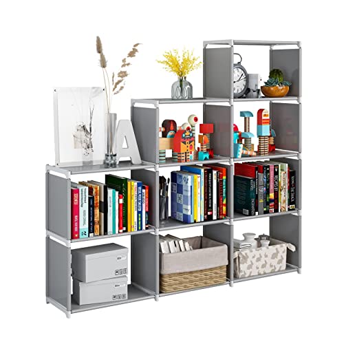 JIUYOTREE Portable Bookshelf, 9 Cube Closet Storage Organizer Bookcase,Clothes Storage for Living Room,Study Room,Bedroom, Grey