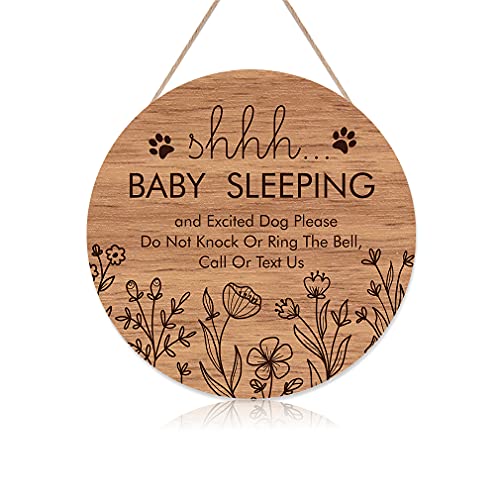 TOARTi Funny Baby Sleeping Hanging Sign Plaque, Do Not Knock Or Ring The Bell, Round Wooden Door Hanger for Baby Room, Nursery, Front Door, Door Knob Decor (12x12inch)