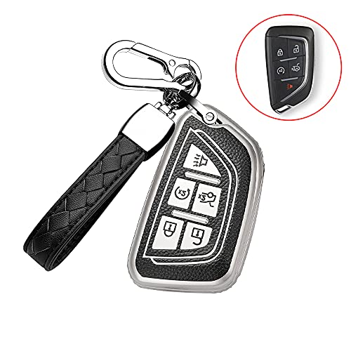 HIBEYO for Cadillac CT5 CT4-V Corvette C8 New Blade Shape Key 5 Buttons Soft TPU+PU Leather Remote Smart Key Fob case Cover Keychain Full Protection Shell Keyless Auto Key Accessories-Black