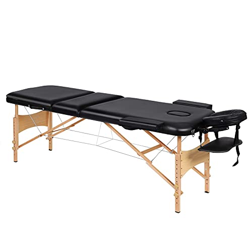 NA Folding Massage Table Professional Portable Massage Bed with 3 Sections Wooden Ergonomic Headrest for Therapy Tattoo Salon Spa Facial Treat