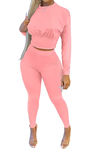 Dgebou Fall 2 Piece Outfits for Women,Solid Color Tummy Control Long Sleeve Crop Top and High Waist Bodycon Long Pants Two Piece Workout Set Tracksuits Sweatsuits (Pink, XL)