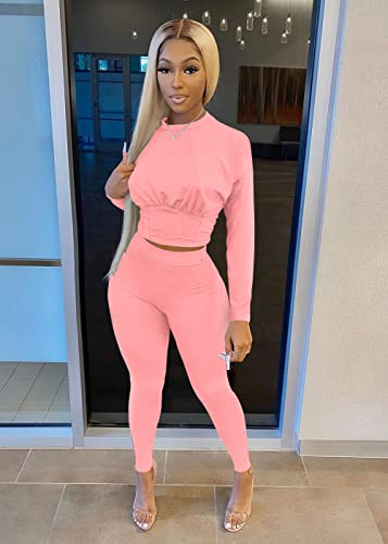 Dgebou Fall 2 Piece Outfits for Women,Solid Color Tummy Control Long Sleeve Crop Top and High Waist Bodycon Long Pants Two Piece Workout Set Tracksuits Sweatsuits (Pink, XL) | The Storepaperoomates Retail Market - Fast Affordable Shopping