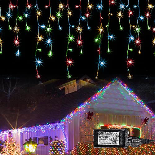 Dazzle Bright 360 LED Christmas Icicle Lights, 29.5 FT 8 Modes Curtain Fairy Lights with 60 Drops, Connectable Xmas String Lights for Outdoor Holiday Wedding Party Decorations (Multi-Colored)