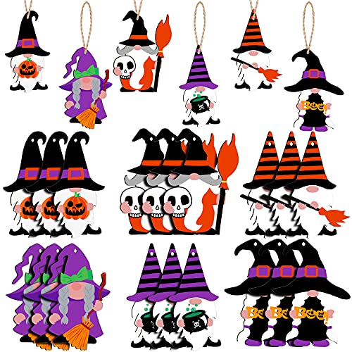 24 Pieces Halloween Hanging Gnomes Ornaments Wood Gnome Tags Hanging Wooden Pendant Classroom Hanging Gnome Decorations with Rope for Halloween Home Classroom Party Decor,3.9inch,6 Styles