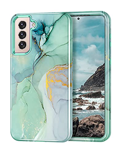 Lamcase for Galaxy S21 5G Case, Heavy Duty Shockproof Hybrid Hard PC Soft TPU Bumper Three Layer Drop Protection Anti-Fall Cover Phone Case for Samsung Galaxy S21 5G 6.2 inch 2021, Green Marble