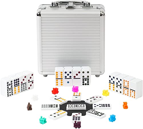 PLAYWUS Double 12 Coloured Dot Dominoes Mexican Train Game Set with Aluminum Case, 91 Tiles 9 Trains, Scoreboard, Octagon Shape Hub