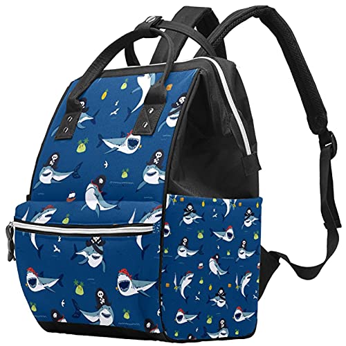 Baby Diaper Bag, Funny Pirate Shark Coco Maternity Nappy Backpack, Large Outdoor Travel Tote Bag