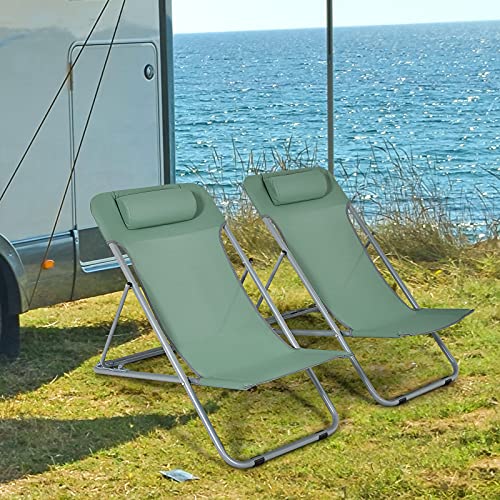 GYMAX Folding Beach Chair Set of 2, 3-Position Adjustable Camping Chair with Headrest & Non-Slip Foot Pad, Portable Lightweight Patio Poolside Chair for Indoor/Outdoor (2, Green) | The Storepaperoomates Retail Market - Fast Affordable Shopping
