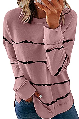 SWEET POISON Womens Crewneck Sweatshirt Casual Fashion Loose Tops Striped Long Sleeve Shirts for Women Fall Clothing Lightweight Soft Oversized Sweatshirts Pullover Shirts Pink Large