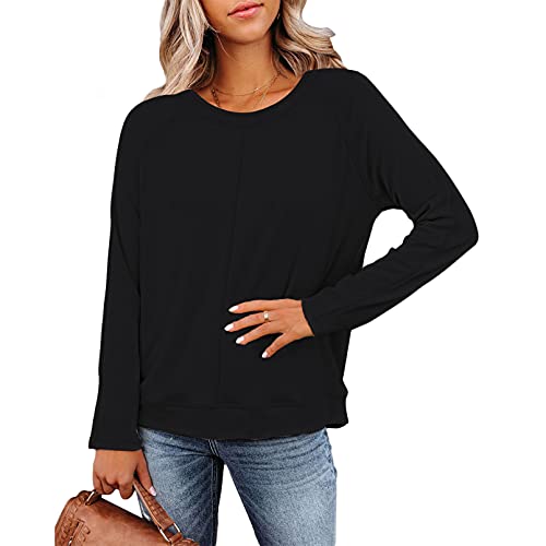 Selowin Women’s Long Sleeve Tshirt Crewneck Drop Shoulder Casual Loose Sweatshirt Black XL